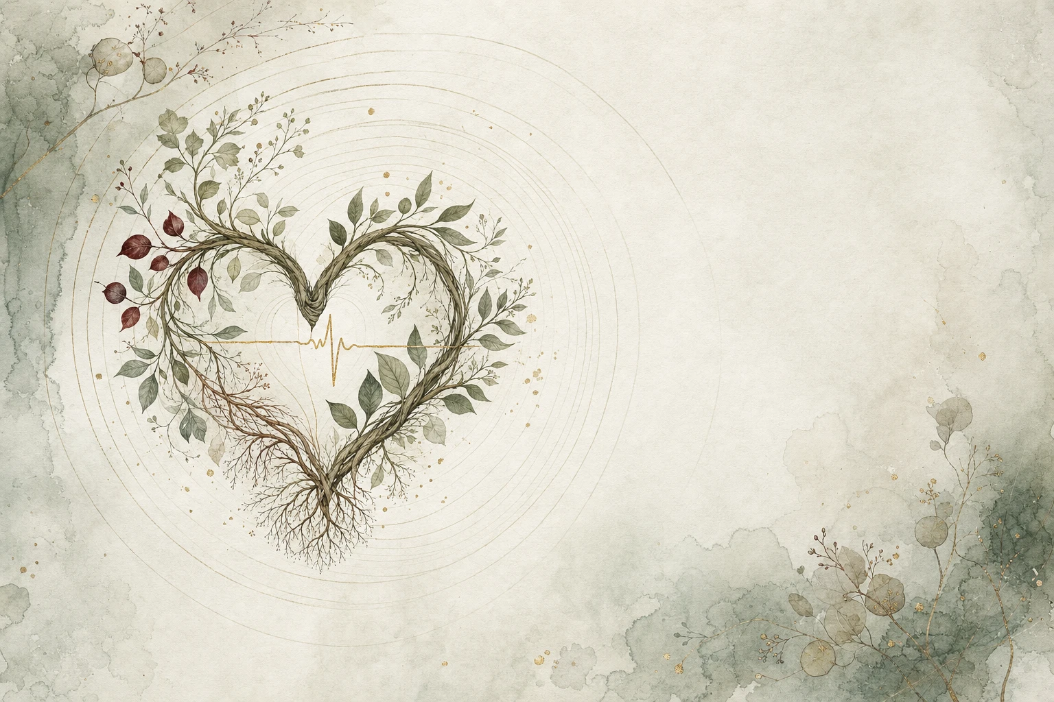 Botanická ilustrace srdce utvořeného z kořenů, větviček a kruhů přírodních cyklů
